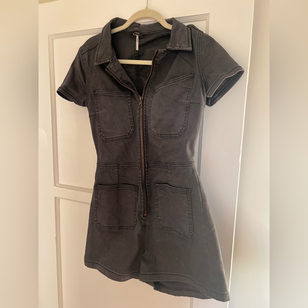 Free People Dark Gray Short Sleeve Zip Front Romper